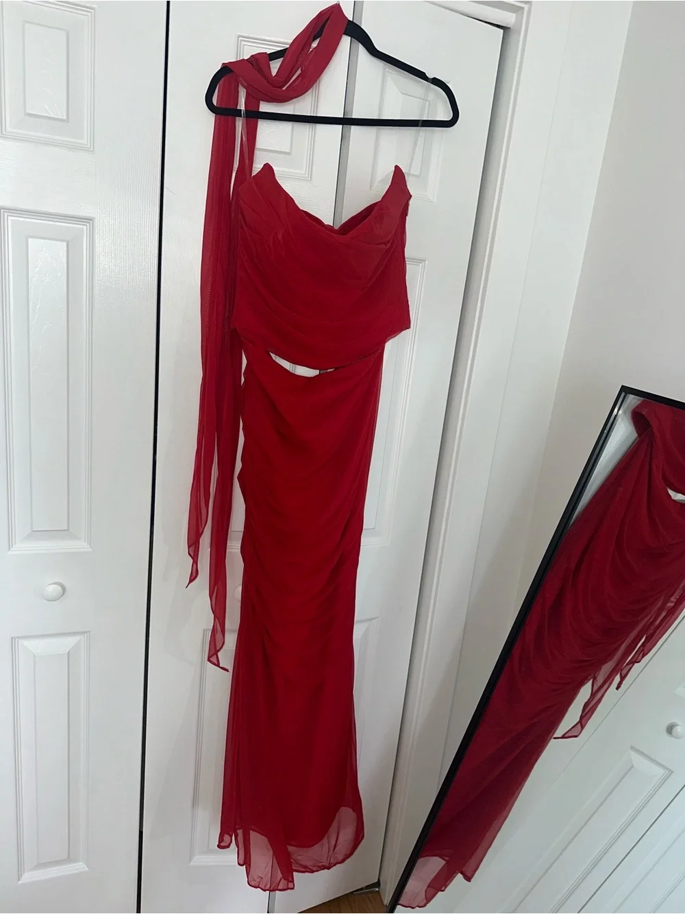 House of CB Red “Cassidy” Maxi Skirt and “Hallie” Corset with Scarf -Two Piece